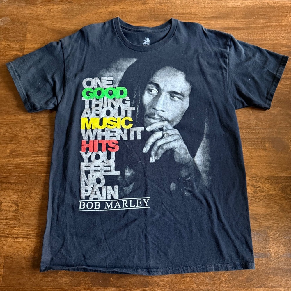 Zion Bob Marley One Good Thing About Music Graphic T-Shirt Black Mens Large